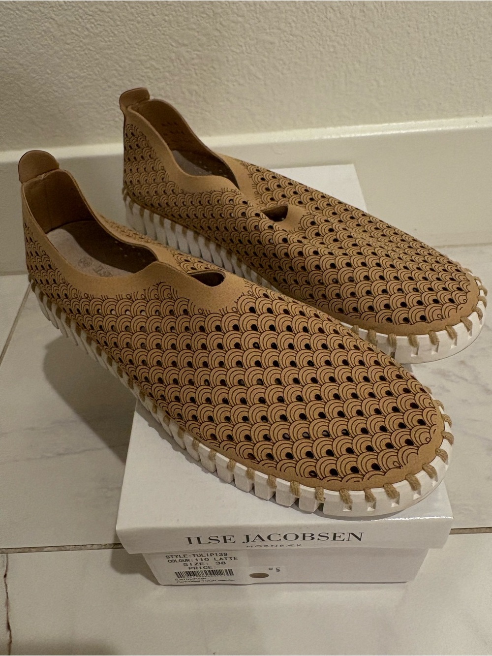 Ilse Jacobsen Tan Perforated Slip-On Loafers with White Sole